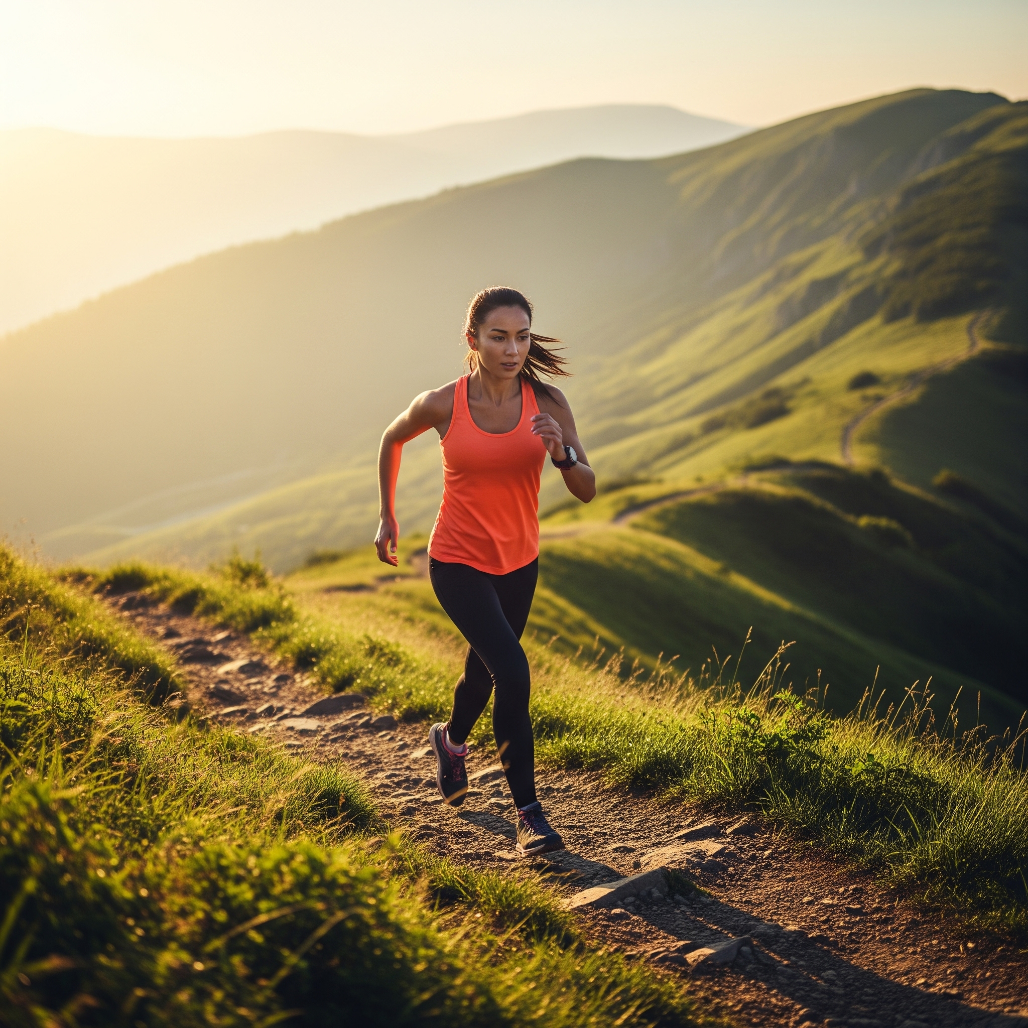 A woman running at sundown. The background is is green hills.